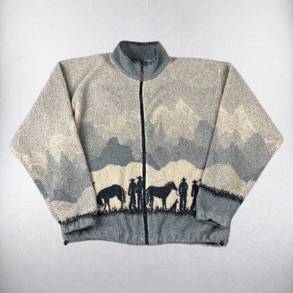 Vintage Outback Trading Fleece Jacket Men Large Gray Western Cowboy Horse Sherpa